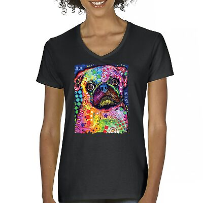 #ad Cute Pug Puppy Women#x27;s V Neck T shirt Dean Russo Colorful Neon Mosaic Dog Tee $17.30