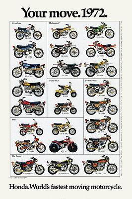 #ad 1972 HONDA LINE UP FULL LINE VINTAGE MOTORCYCLE POSTER PRINT 36x24 9MIL PAPER $39.95