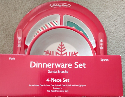 #ad Christmas Children’s Melamine Dinnerware Set Of 4 Santa Snacks Snowflake New $15.25