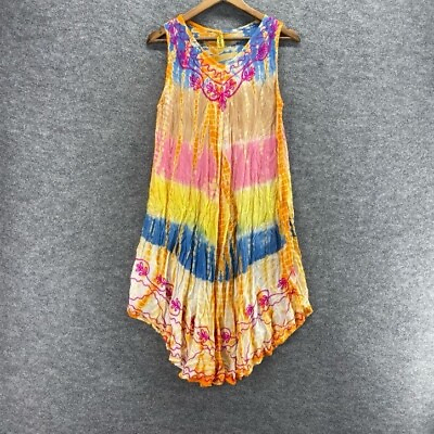 #ad Sunflower Dress Women One Size Orange Striped Shift Midi V Neck Sleeveless Rayon $18.99
