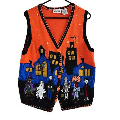 #ad Basic Editions Halloween Sweater Vest Trick or Treat Vintage Women’s Size L $31.96