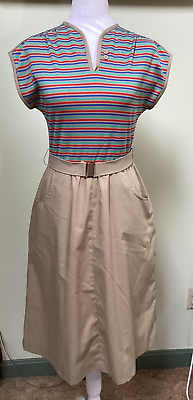 #ad Vintage 70s Newton Centre Multicolor Short Sleeve A line Dress with belt Sz 6 XS $22.50