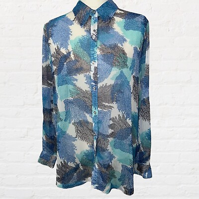 #ad TravelSmith Blouse Medium Womens Button Down Long Sleeve Blue Print Lightweight $15.95