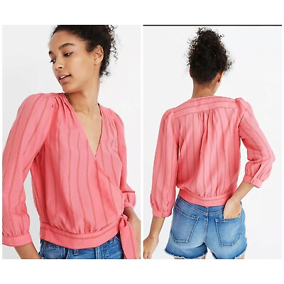 #ad Madewell Wrap Top Cecilia Stripe Pink Cotton Blouse Women#x27;s Shirt Medium $12.99