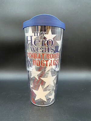 #ad Tervis Tumbler With Lid 24 oz My Hero Wears Combat Boots amp; Dog Tags Military $9.95