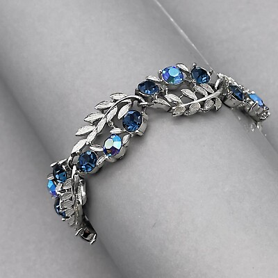 #ad Lisner Blue Rhinestone Leaf Bracelet Silver Tone Fold Over Closure $38.25