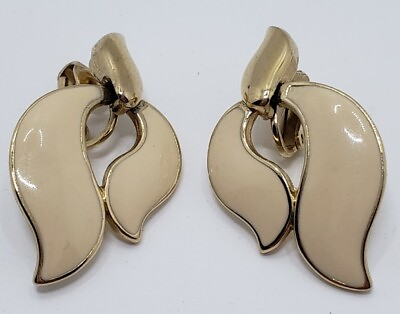 #ad TRIFARI Vintage Gold Tone Ivory Enamel Flame Shaped Clip Earrings $14.50