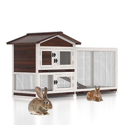 #ad 60quot; Wooden Bunny Hutch 2 Tier Rabbit Cage w Run Guinea Pig Pet House Outdoor New $149.99