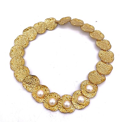 #ad Vintage Link Hammered Disc Pearl Accents Necklace Gold Tone Fold Over Clasp 17quot; $46.75