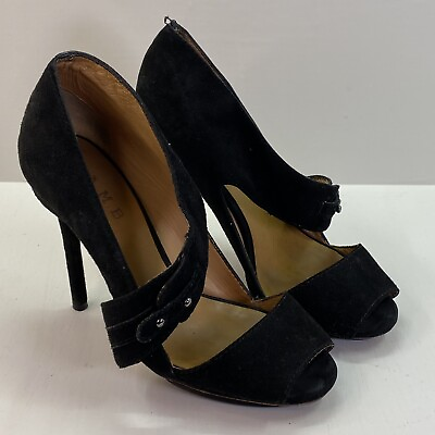 #ad L.A.M.B. Black Suede Leather Peep Toe High Heels Cross Strap Women’s 6.5 M $39.95