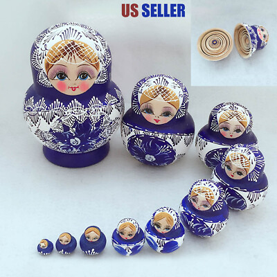 #ad 10pcs Blue Dolls Set Wooden Russian Nesting Babushka Matryoshka Hand Painted $19.49