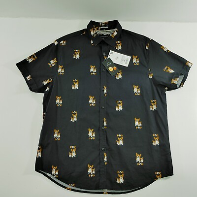 #ad Denim amp; Flower Men#x27;s Shirt Size L Black Dad Dog Pattern Short Sleeve $24.99