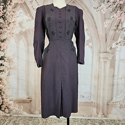 #ad Vintage 1930s Crepe Beaded Eggplant Purple Dress Long Sleeve Gown Soutache $88.00