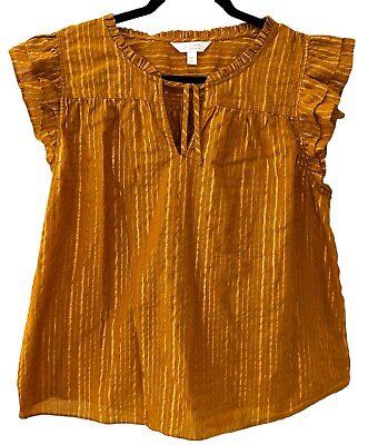 #ad Lauren Conrad Dreamy Gold Ruffled Shoulder Tie Front Womens Blouse Shirt XL $17.99
