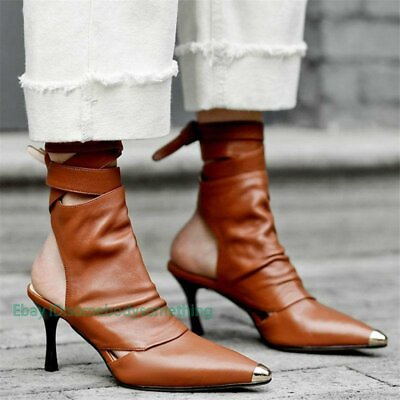#ad Womens Leather Ankle Strappy Boots Pointed Toe Gladiator Shoes High Heel Pumps $55.77
