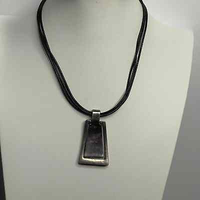 #ad Chico#x27;s pendant necklace signed jewelry black cord with simple silver tone settg $18.00