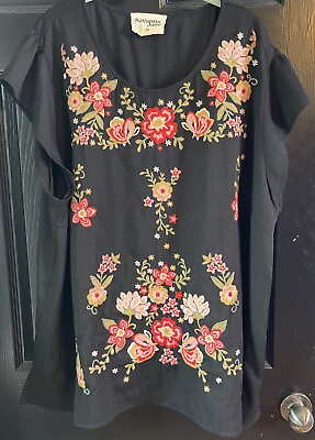#ad Savanna Jane Women#x27;s Plus Size 3X Black Embroidered Top Floral Dolman Sleeve $25.00
