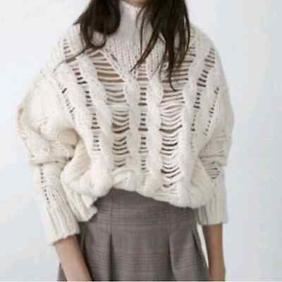 #ad Zara cream open chunky knit turtleneck sweater size large $28.95
