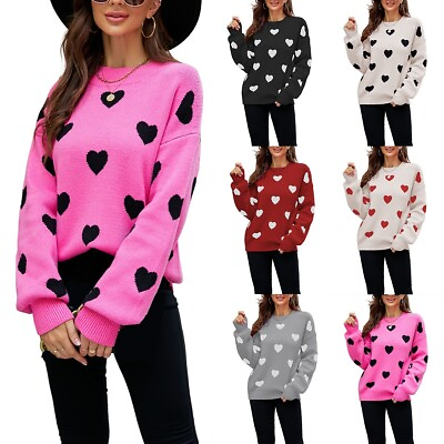 #ad Womens Heart Print Pullover Sweaters Knitted Long Sleeves Loose Valentine Tops $39.51