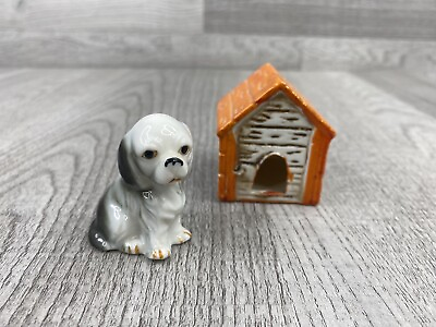 Ceramic Dog Puppy And Doghouse Figurine 2 1 4” Made In Japan Hand painted VTG $14.75