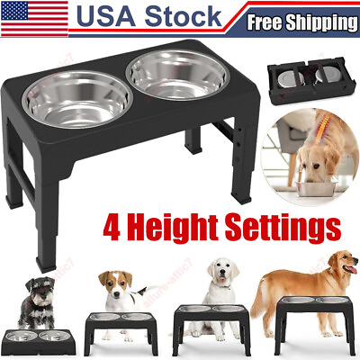 #ad Elevated Dog Bowl Raised Pet Feeder Stainless Steel Food Water Stand w 2 Bowls $22.99