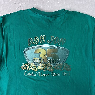 #ad 1998 Ron Jon Surf Shop Anniversary Spell Out T Shirt L Vtg Green Double Sided $18.95