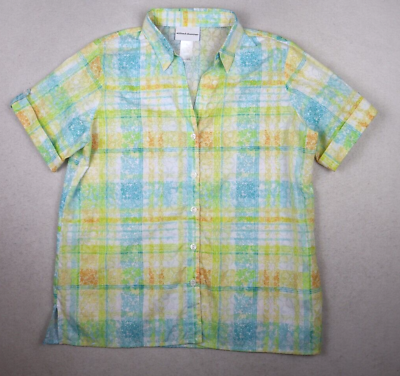 #ad ALFRED DUNNER WOMENS BLUE amp; YELLOW PRINT SHORT SLEEVE BUTTON UP TOP SIZE S $10.49