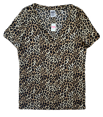#ad VICTORIAS SECRET PINK Womens Leopard Print Tee Top Essential V Neck NWT XS $12.99