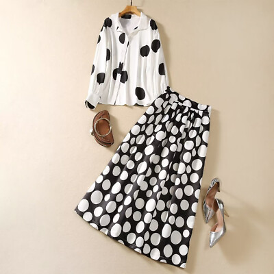 #ad Women Collar Long Sleeved White Shirthigh Waisted Skirt Polka Dot Set Office Sz $1149.98