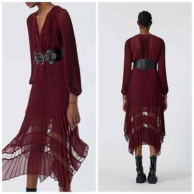 #ad NEW The Kooples Burgundy Pleated Midi Dress Lace Trim Dark Red 1 Small $140.00