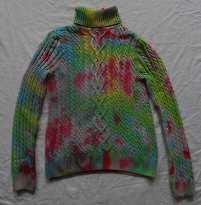 #ad Tie Dye Red Green Cable Knit Turtleneck Sweater Medium Mens Hand Made Cotton $35.99