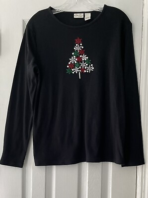 #ad Kim Rogers Women’s Large Black Christmas Tree Shirt Sequins Beaded Embroidered $14.00