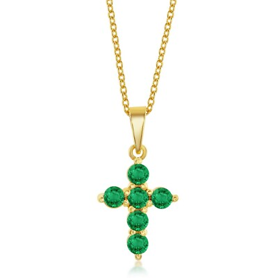 #ad Sterling Silver Cross Necklace Emerald Gold Plated $77.00