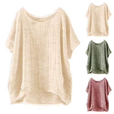 #ad Women Cotton Linen Short Sleeve T Shirt Blouse Casual Loose Tunic Tops Plus Size $10.00