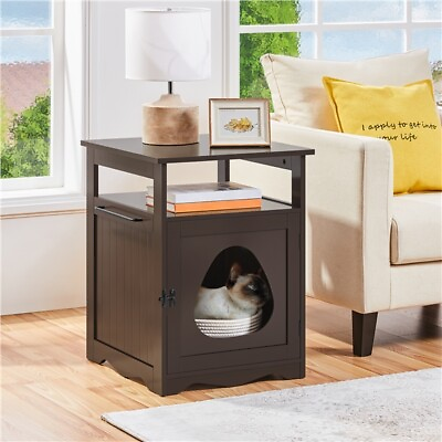 #ad Wooden Cat Litter Box Enclosure Hidden Cat Washroom Pet House Side Table Crate $65.99