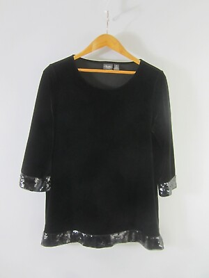 #ad Chicos 1 Travelers Womens Medium Black Velvet 3 4 Sleeve Pullover Shirt Sequins $33.74