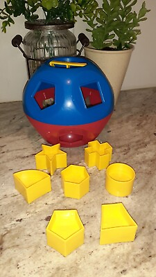 #ad Vintage Tupperware TupperToys SHAPE O BALL Yellow Shape Sorter Toy w 8 Shapes $17.27