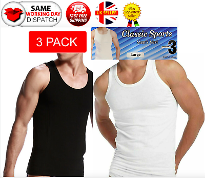 #ad 3 PACK Mens Vests Sleeveless 100% Cotton Summer Tank Top Gym Plain White S 5XL GBP 8.99
