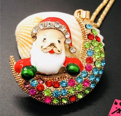 #ad Betsey Johnson Multi Enamel Crystal Moon Santa Claus Pendant Necklace NWT $16.99