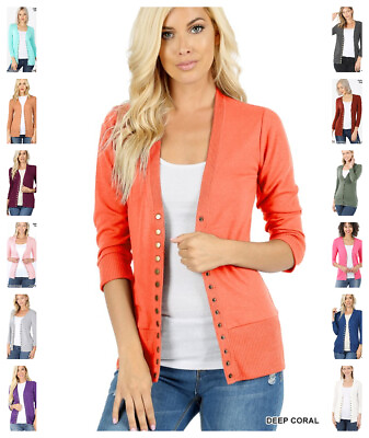 #ad Women#x27;s Soft Snap Button Front V Neck 3 4 Sleeve Knit Cardigan Sweater S 3XL $15.50