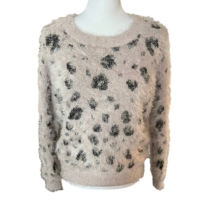#ad y2k Fuzzy Blush Pink Cheetah Mohair Style Crew Neck Sweater Size Small $22.00