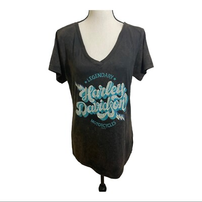 #ad Harley Davidson womens black mineral T shirt Wash blue lettering stones.Large. $15.99