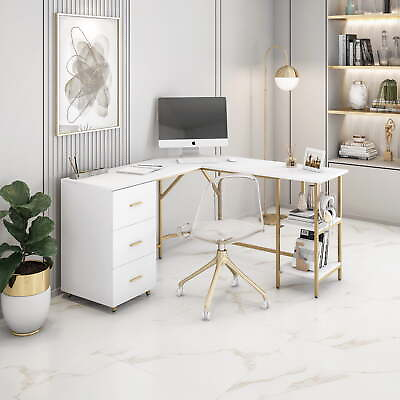 #ad L Shape Home Office Desk with Storage Gold $216.48