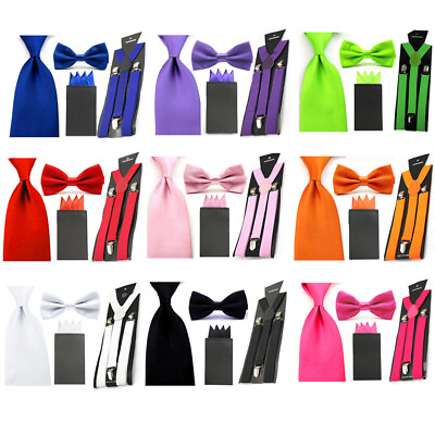 #ad Men#x27;s Satin Bowtie 8cm Wide Necktie 4 Folds Pocket Square Suspender Set Braces $13.99