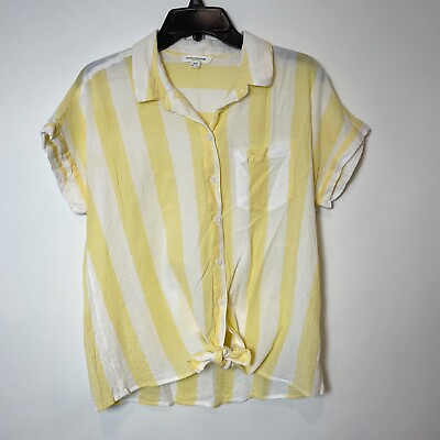 #ad Beach Lunch Lounge Womens Short Sleeve Striped Blouse Tops Yellow M Button Up $12.37