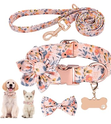 #ad Dog Collar and Leash Set Girls Adjustable Puppy Collars with Floral Bow Tie $23.99