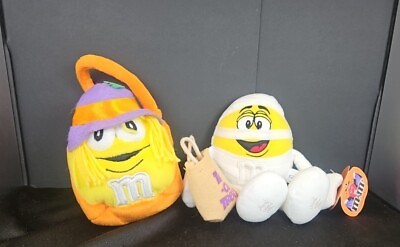#ad Vtg Halloween YELLOW Mamp;M Plush Mummy And SCARECROW BASKET see Pictures $8.89