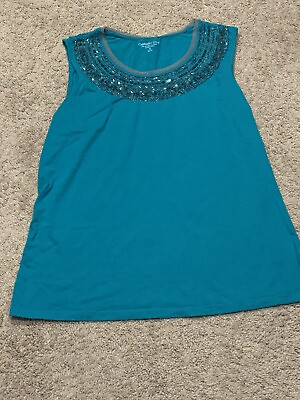 #ad Coldwater Creek Womens Sleeveless Shirt Size Medium Teal Embellished Neckline $12.99
