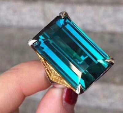 #ad Emerald Cut Women Blue Ring Gold Plated Baguette 925 Sterling Silver Jewelry $254.40