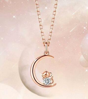 #ad Fashion Mouse Moon Pendant Rose Gold GP Pave Cubic Zirconia Chain Necklace $8.99